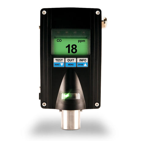 The GfG EC28 CO Fixed Transmitter 2811-707-00 is a digital gas detector from GfG that displays carbon monoxide levels at 18 ppm on a green screen. It features smart sensor technology and includes buttons such as "Test," "Zero," and "Quit," among others, with a metallic sensor at the bottom for accurate detection.