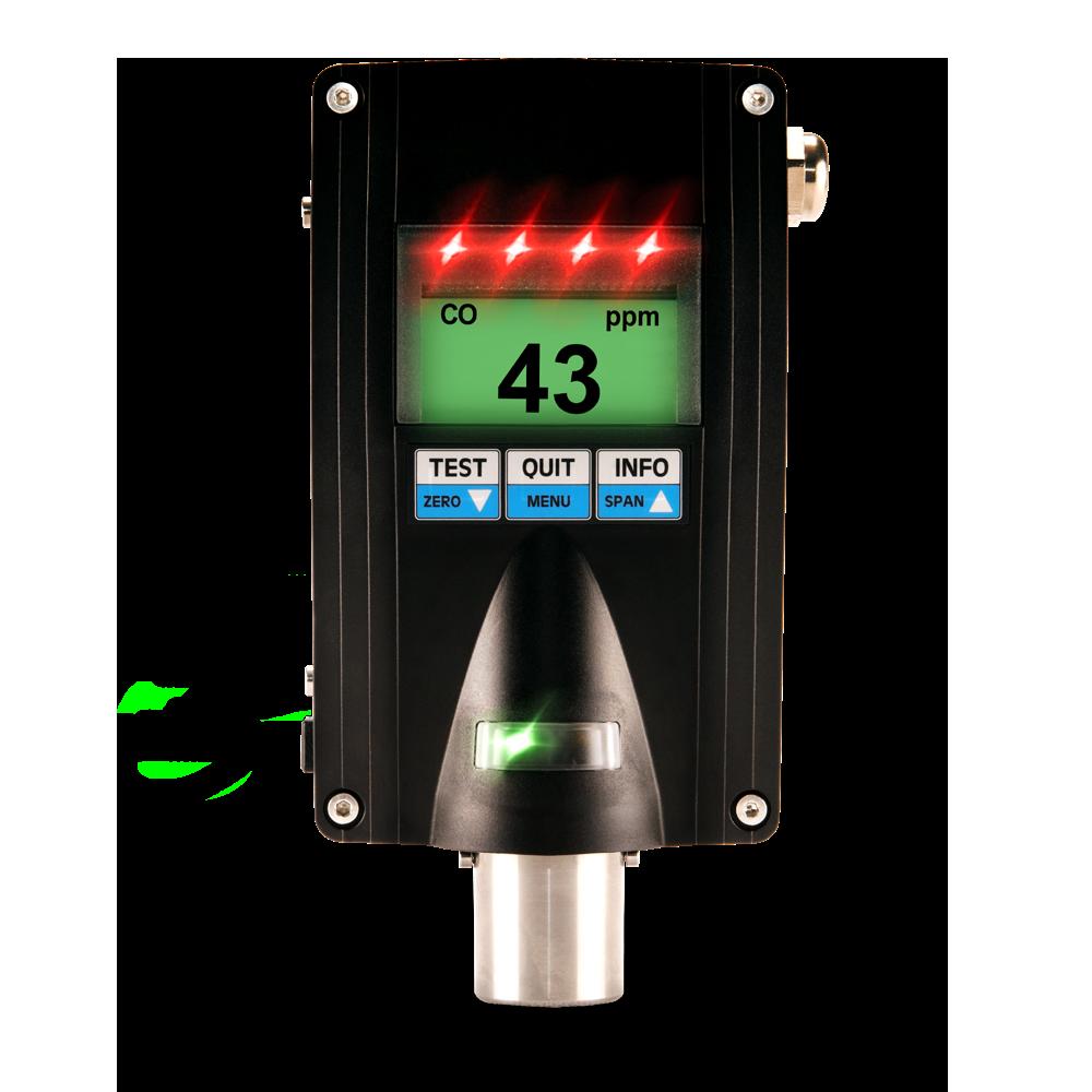 The GfG EC28 CO Fixed Transmitter 2811-707-00 is a digital gas detector utilizing smart sensor technology. Its display shows "CO 43 ppm," complemented by four red LED lights for alerts. It features Test, Quit, Menu, Info, Zero, and Span buttons on its black housing and includes an ATEX-certified metallic sensor at the bottom.