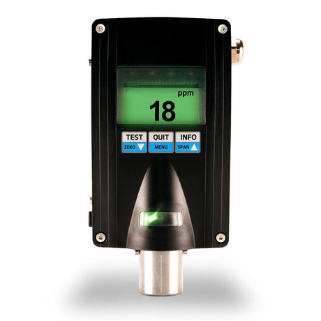 The GfG EC28 H2S Fixed Transmitter, model 2811-720-00, features a digital green display indicating "18 ppm" and employs advanced smart sensor technology. It includes buttons marked "TEST," "QUIT," "INFO," "ZERO," and "SPAN." This device is housed in black casing with a silver inlet at the bottom and is ATEX-certified for safety compliance.