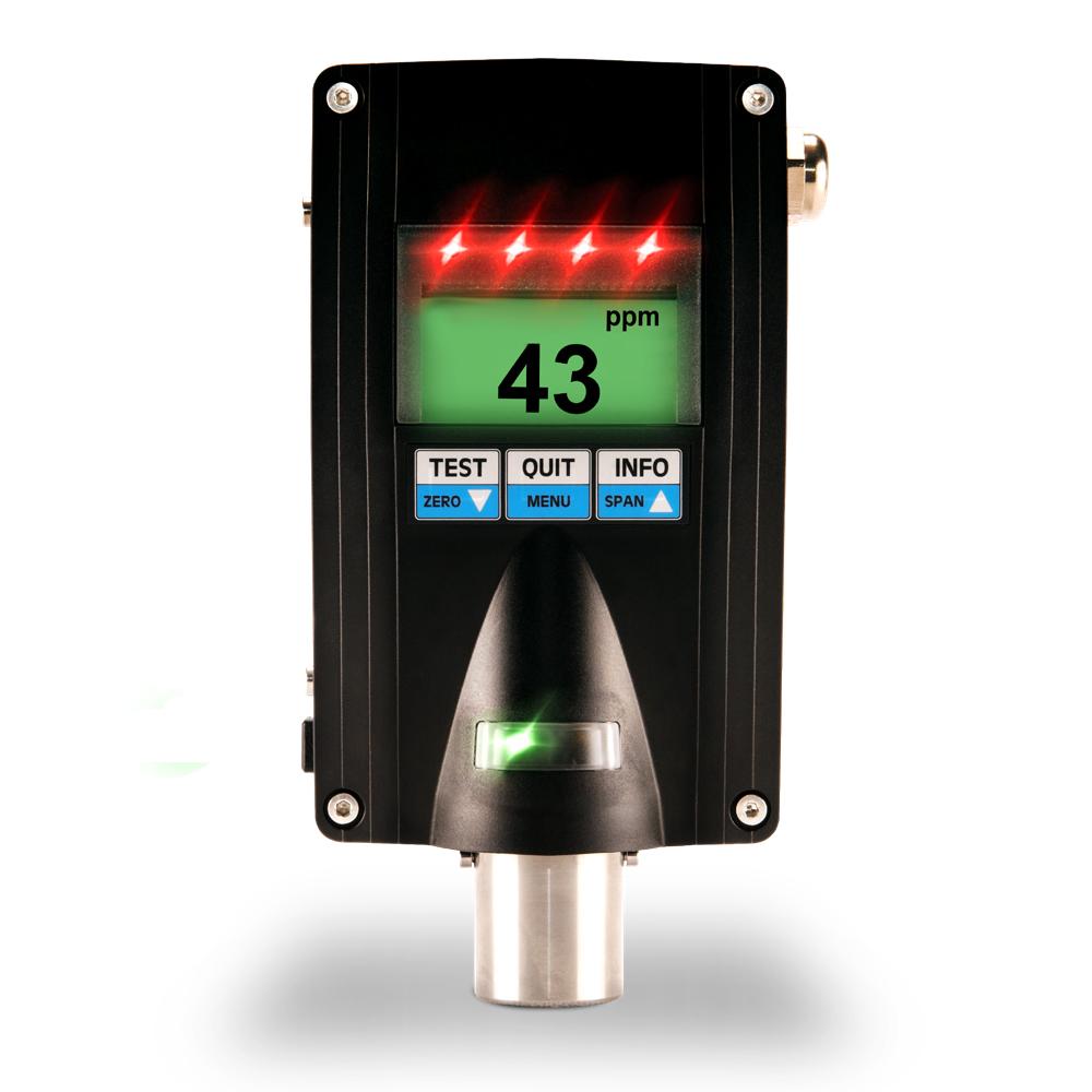 The GfG EC28 H2S Fixed Transmitter 2811-720-00, employing smart sensor technology, shows a reading of 43 ppm on a green display. It includes buttons labeled Test, Zero, Quit, Menu, Info, and Span. Above the screen are four illuminated red indicator lights.