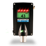 The GfG EC28 H2S Fixed Transmitter 2811-720-00, equipped with smart sensor technology, shows a reading of 43 ppm on a green screen with accompanying red lights. Below the display are buttons labeled Test, Zero, Quit, Menu, Info, and Span. This black device features a metallic cylindrical sensor at its base.