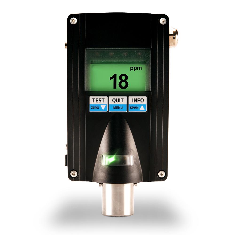 The GfG EC28 O2 Fixed Transmitter 2811-727-00, an ATEX-certified black electronic device, features a digital screen displaying "18 ppm." Below the screen are buttons labeled TEST, ZERO, QUIT, INFO, and SPAN. It is designed for hazardous areas and includes a cylindrical sensor protruding from the bottom.