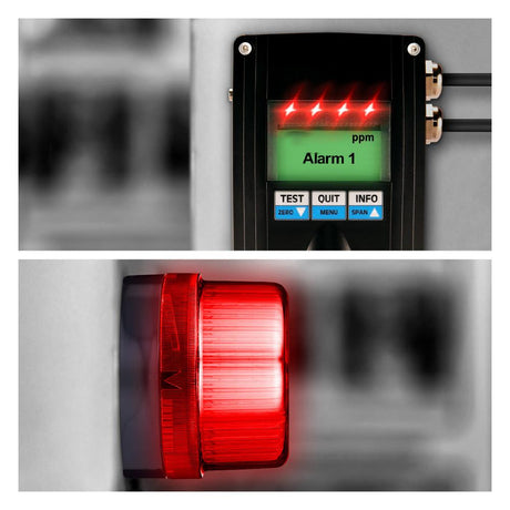 A two-panel image features a close-up of a GfG EC28 O2 Fixed Transmitter with its digital screen displaying "Alarm 1" and glowing red lights, suitable for hazardous areas. Below, a red alarm light is mounted on the wall, indicating an alert or emergency.