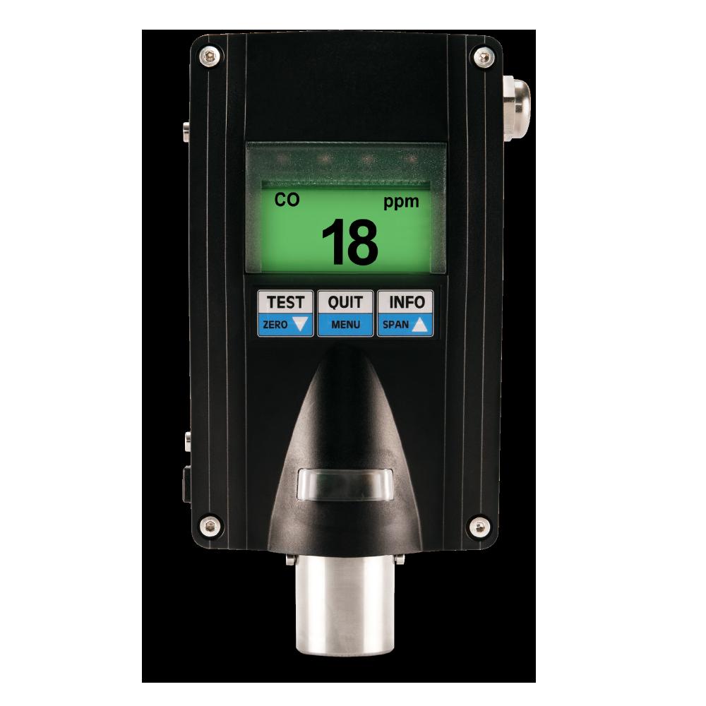 A GfG EC28i Intrinsically Safe CO Fixed Transmitter 2813-707-00 from brand GfG displays "CO 18 ppm" on a green screen and incorporates smart sensor technology. Below the screen are four buttons labeled "TEST," "QUIT," "INFO," and "SPAN." This black transmitter includes a metallic connector at its base.