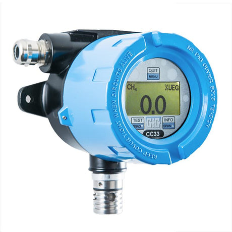 The GfG CC33 CH4 Fixed Transmitter Aluminum 3300-41-00 is a flame-proof methane gas detector featuring a digital display that shows "CH4 0.0 %LEL" in blue and black. It includes buttons labeled "QUIT," "MENU," "TEST," "ENTER," "ZERO," and "SPAN." This cylindrical device comes with metal connectors, making it ideal for detecting explosion hazards.