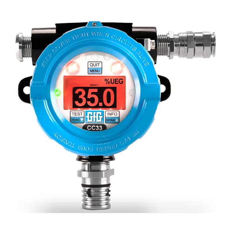 The GfG CC33 CH4 Fixed Transmitter Aluminum 3300-41-00 features a digital display with red "35.0 %UEG," signaling an alarm status for explosion hazards in its blue casing. This flame-proof detector includes buttons labeled "Test," "Zero," and "Info," along with a metallic sensor at the bottom.