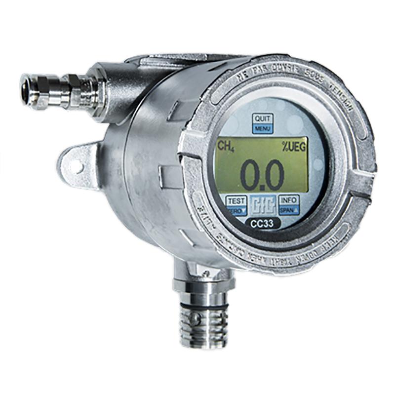 The GfG CC33 CH4 Fixed Transmitter Stainless Steel (model 3300-41-01_) is a flame-proof device that features a digital display showing "CH4 0.0 %UEG". It is designed with a rugged stainless steel casing and multiple connection ports, ensuring enhanced durability.