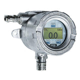 The GfG CC33 CH4 Fixed Transmitter Stainless Steel 3300-41-01 features a stainless steel methane gas detector with a metallic casing that displays a reading of "0.0" on its screen. It is flame-proof and designed to detect CH4 levels, complete with buttons for menu navigation and testing, as well as various connectors visible on the housing.