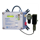 The "GfG Respiratory Air Monitoring 4021 AutoCal System" is a product by GfG featuring a control panel, digital display, and an attached pneumatic valve. Mounted on a metal bracket, this system is designed for calibration or monitoring purposes and can include dew point measurement capabilities.