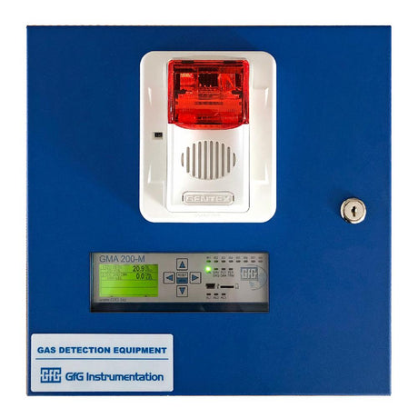 A GfG 5000 Series Control Panel from the 5100 series, featuring a blue casing with a red alarm and a white vent on top. The control panel displays measurements and information while incorporating advanced relays for enhanced safety. It includes a key lock on the right side, and the label indicates "GfG Instrumentation.