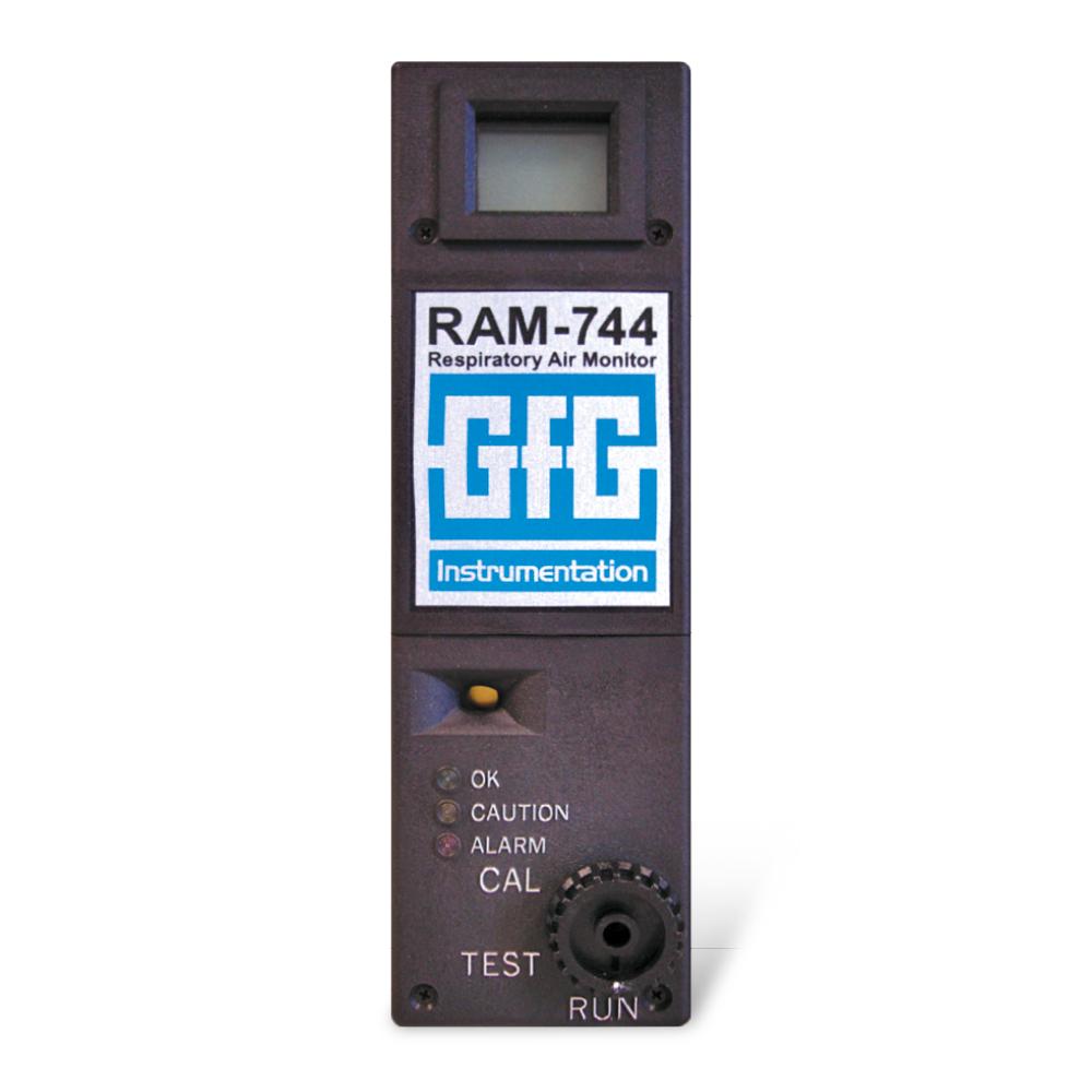 Close-up of a GfG In-Line CO Monitor RAM 744 from GfG, perfect for portable applications. It includes a display screen, indicator lights for status (OK, Caution, Alarm, Cal), an AutoCal system for straightforward calibration, and a control dial marked "Test" and "Run.