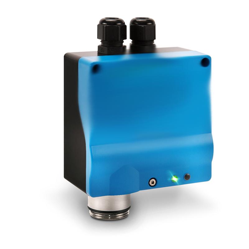 The GfG CC22 CH4 Fixed Transmitter CC22-701_ is an industrial sensor designed in blue and black with an RS-485 interface. It features two black connectors positioned on top and rests on a metallic base. A small green light shines near the bottom right of its front panel, signifying that it is actively monitoring.