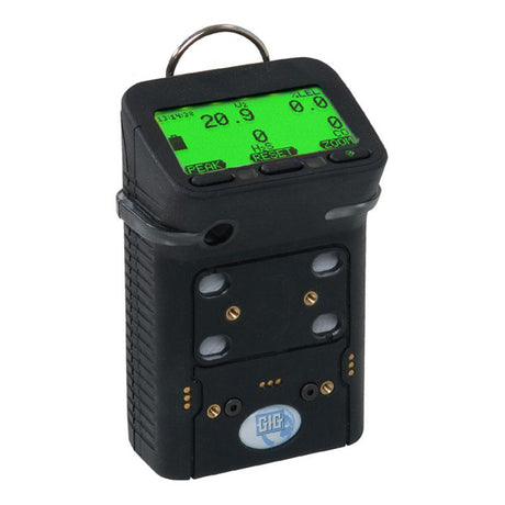 The GfG Microtector II G450 4 Gas Detector G450-11410 is a handheld electronic device with a green digital display, multiple buttons, and connectors on the front. It displays numerical data on the screen and has a primarily black design with gold and blue elements. The detector features automatic calibration for accurate readings.