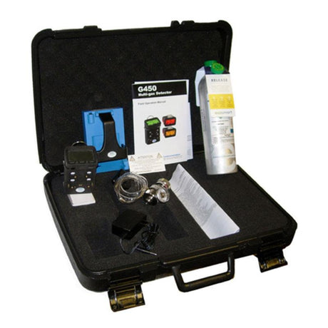 Open black case containing a GfG Microtector II G450 4 Gas Detector (Model G450-11410) with LEL capabilities, operation manual, charger, metal fittings, and a gas cylinder. All items are neatly arranged inside the case, designed for portable equipment storage and transport.