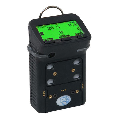 The GfG Microtector II G450 4 Gas Detector (model G450-11410) is a compact black device with a green digital display that shows numbers and symbols. It features buttons and connectors for easy operation and provides automatic calibration to ensure accurate readings. The GfG brand logo is positioned at the bottom of the device.