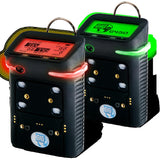 The GfG Microtector II G450 4 Gas Detector models, each in sleek black with display screens—one illuminated in red and the other in green—are equipped with buttons, indicators, and sturdy casings featuring loops at the top. The "GfG" branding is prominently displayed on both units, which ensure dependable performance through their automatic calibration technology.