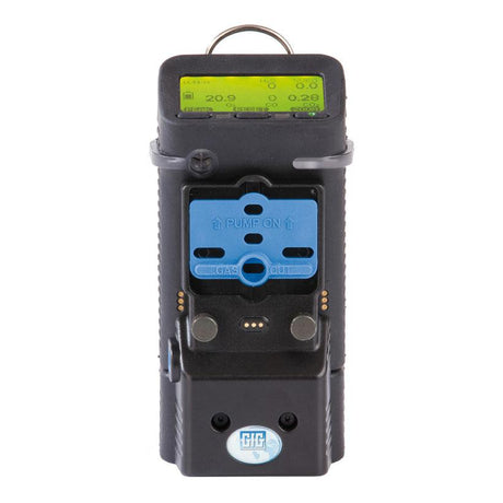 The GfG Microtector II G450 4 Gas Detector (Smart Pump) G450-11414 is a compact device with a digital display for real-time readings. Featuring a blue "PUMP ON" panel and an integrated Smart Pump, it boasts a sleek black casing with the circular GfG logo at the bottom.