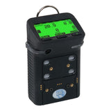 The GfG Microtector II G450 4 Gas Detector, model G450-11420, is a sleek black device with a striking bright green display. The screen prominently shows "20" along with other essential readings and symbols. Below the display are buttons and connectors, all safeguarded by a robust cover to ensure durability during automatic calibration.