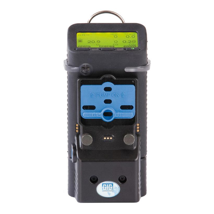 The GfG Microtector II G450 4 Gas Detector (Rechargeable w/Alk. Smart Pump), model G450-11424, is a handheld device equipped with a digital display for accurate numerical readings. It features an automatic calibration system and includes a distinctive blue "PUMP ON" section above its black base, which prominently displays the GfG logo.