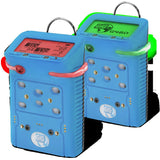 The GfG Microtector II G460 O2, LEL, CO/H2S, PID Gas Detector with blue casing incorporates a smart sensor design. One model features a screen with a red backlight while the other has a green backlight. Both models offer automatic calibration, multiple buttons, and small LED indicators for reliable performance.