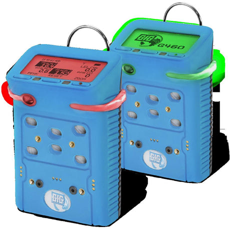 The GfG Microtector II G460 O2, LEL, CO/H2S, PID Gas Detector with blue casing incorporates a smart sensor design. One model features a screen with a red backlight while the other has a green backlight. Both models offer automatic calibration, multiple buttons, and small LED indicators for reliable performance.