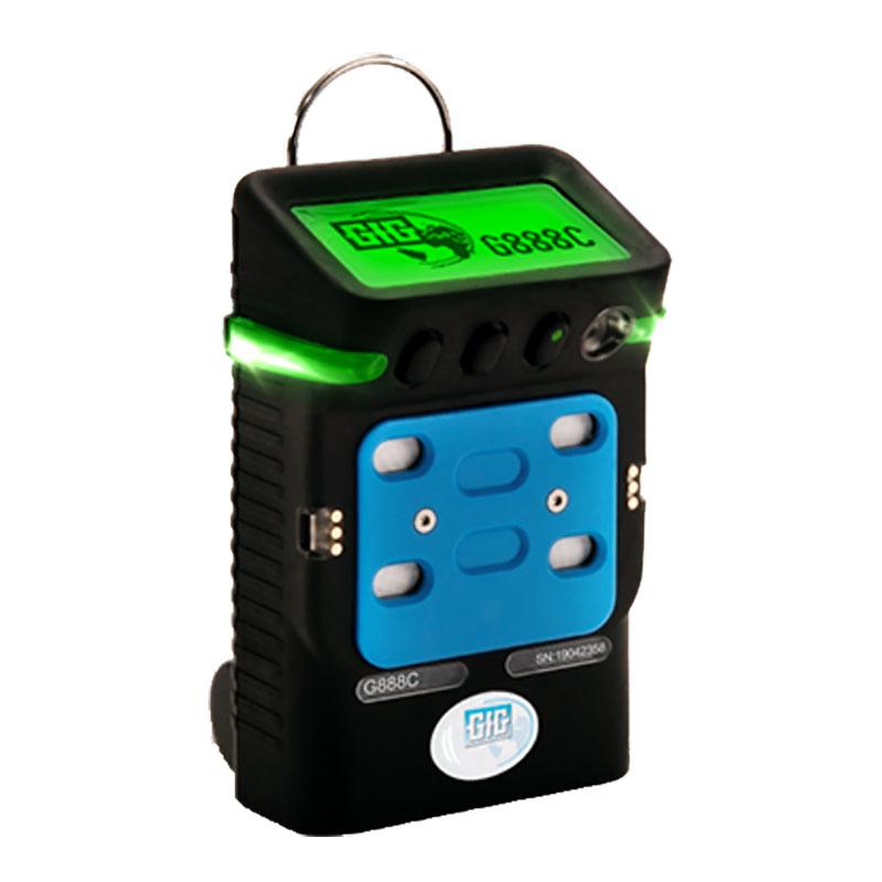 Introducing the GfG Wireless Microtector III G888C, a portable gas detector in an elegant black and blue design, featuring a digital green display that shows "G888C." This cutting-edge device is equipped with handy buttons, LED indicators, and wireless technology for real-time monitoring. It comes with a convenient loop at the top to enhance portability.