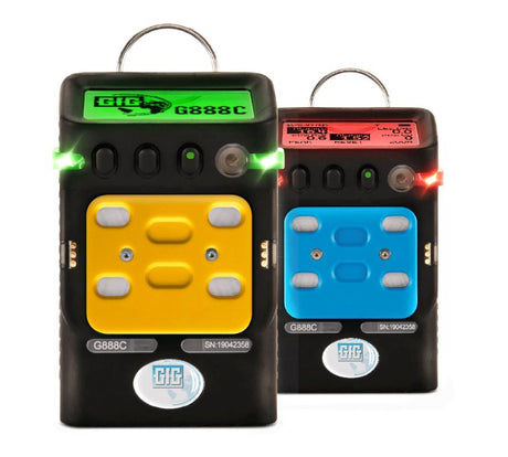 Two black GfG Wireless Microtector III G888C gas detectors with screens and colorful buttons boast advanced wireless technology. The left detector features a yellow and white button pad, while the right one has a blue and white pad. Both showcase a circular logo at the bottom and indicator lights at the top for real-time monitoring.