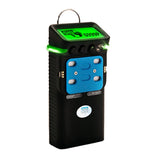 The GfG Wireless Polytector III G999P O2, CO/H2S, IR LEL Gas Detector features a sleek black design with a blue control panel for real-time monitoring. It includes a compact screen to display data, four button controls for easy navigation, and wireless technology for enhanced connectivity. Additionally, the device is equipped with a circular handle on top and a glowing green indicator to ensure ease of use.