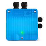 The GfG IR22 CO2 Fixed Transmitter IRR22-804, with a ribbed texture in blue, offers advanced CO2 detection through an infrared gas sensor. It includes a small green LED light and four black connectors on the top and side edges for wiring.