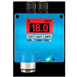 The blue GfG ZD22 Oxygen Fixed Transmitter ZD22-701_ from GfG displays "O₂ Vol% 18.0" on a red screen and includes buttons labeled "TEST," "QUIT," "INFO," "ZERO," "MENU," and "SPAN." It features two connectors on top and a metal component protruding from the bottom. Utilizing zirconium dioxide sensor technology, it ensures long sensor life, with a green light indicating it is operational.