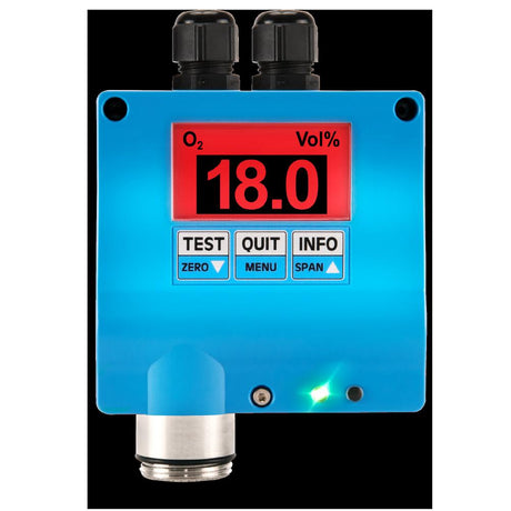 The blue GfG ZD22 Oxygen Fixed Transmitter ZD22-701_ from GfG displays "O₂ Vol% 18.0" on a red screen and includes buttons labeled "TEST," "QUIT," "INFO," "ZERO," "MENU," and "SPAN." It features two connectors on top and a metal component protruding from the bottom. Utilizing zirconium dioxide sensor technology, it ensures long sensor life, with a green light indicating it is operational.