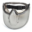 The Pyramex Capstone Combination Goggles and Face Shield by Pyramex Safety provides chemical splash protection with a clear upper section, silver lower portion, and an adjustable black strap for comfort.