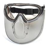 The Pyramex Capstone Combination Goggles and Face Shield by Pyramex Safety provides chemical splash protection with a clear upper section, silver lower portion, and an adjustable black strap for comfort.