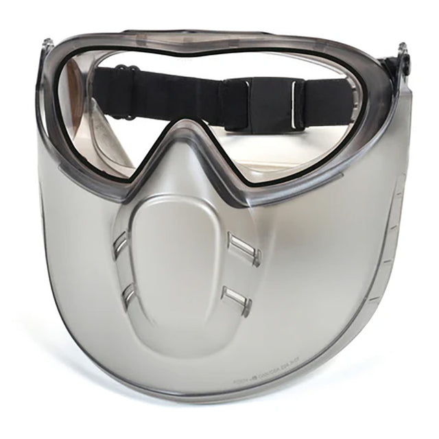 The Pyramex Capstone Combination Goggles and Face Shield by Pyramex Safety provides chemical splash protection with a clear upper section, silver lower portion, and an adjustable black strap for comfort.