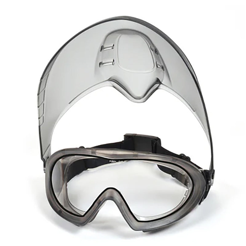 The Pyramex Capstone Combination Goggles and Face Shield by Pyramex Safety provides chemical splash protection for your eyes and face with clear goggles and a transparent shield featuring a black headband.