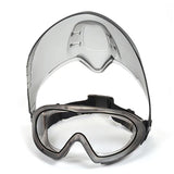 The Pyramex Capstone Combination Goggles and Face Shield by Pyramex Safety provides chemical splash protection for your eyes and face with clear goggles and a transparent shield featuring a black headband.