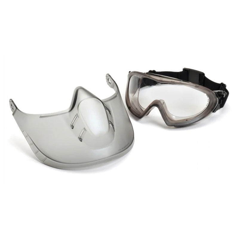The Pyramex Capstone Combination Goggles and Face Shield by Pyramex Safety offers reliable chemical splash protection for eyes and face, featuring clear goggles with a black adjustable strap and a transparent face shield.
