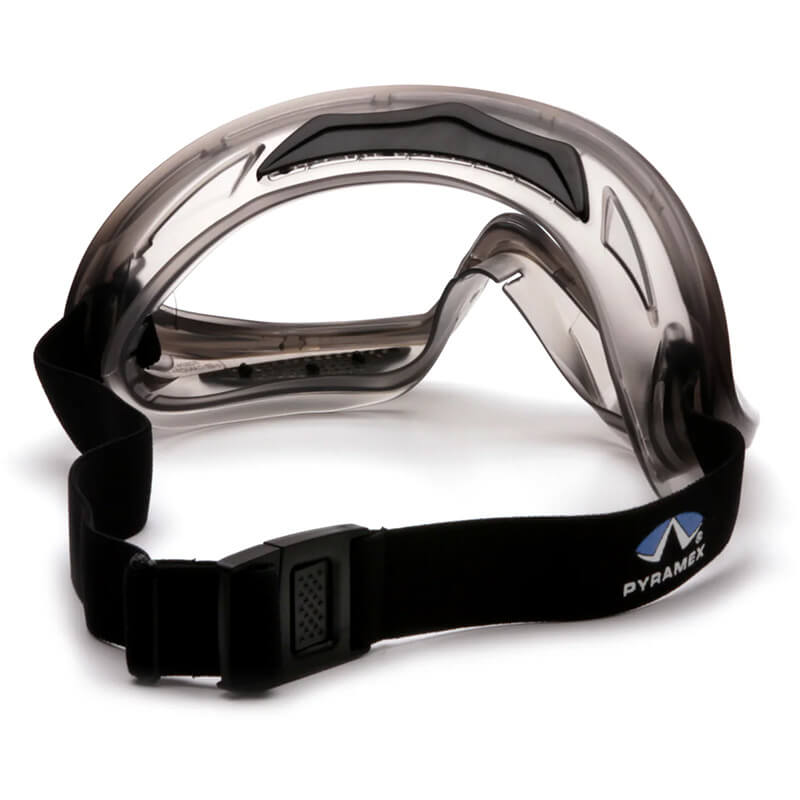 Pyramex Capstone GG504T anti-fog safety goggles by Pyramex Safety feature a black adjustable strap, cushioned interior for comfort and impact protection, plus a logo on the band. Set of 12 pairs shown on a white background.