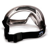 Pyramex Capstone GG504T anti-fog safety goggles by Pyramex Safety feature a black adjustable strap, cushioned interior for comfort and impact protection, plus a logo on the band. Set of 12 pairs shown on a white background.