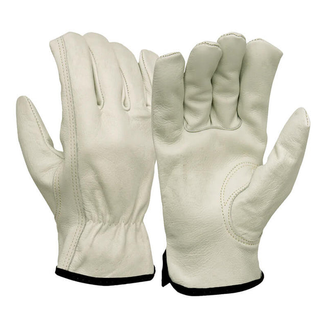 A pair of Pyramex Safety GL2004K cowhide leather gloves is displayed against a plain background, featuring a stylish black trim. One glove is positioned forward while the other highlights the slip-on cuffs and keystone thumb, elegantly exhibiting their fit and design.
