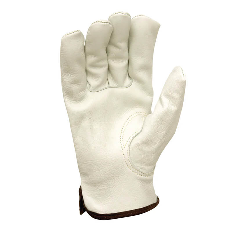 The Pyramex Cowhide Leather Gloves GL2004K (12 pairs) feature white cowhide leather, visible stitching, and brown wrist trim—perfect for those seeking quality Pyramex Safety in leather work gloves.