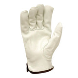 The Pyramex Cowhide Leather Gloves GL2004K (12 pairs) feature white cowhide leather, visible stitching, and brown wrist trim—perfect for those seeking quality Pyramex Safety in leather work gloves.