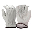 The Pyramex GL2006K Cowhide Leather Keystone Gloves, by Pyramex Safety, feature one palm up and the other down. Light gray with a dark wrist border, they offer a keystone thumb for comfort and gathered fabric at the wrist for a snug fit.