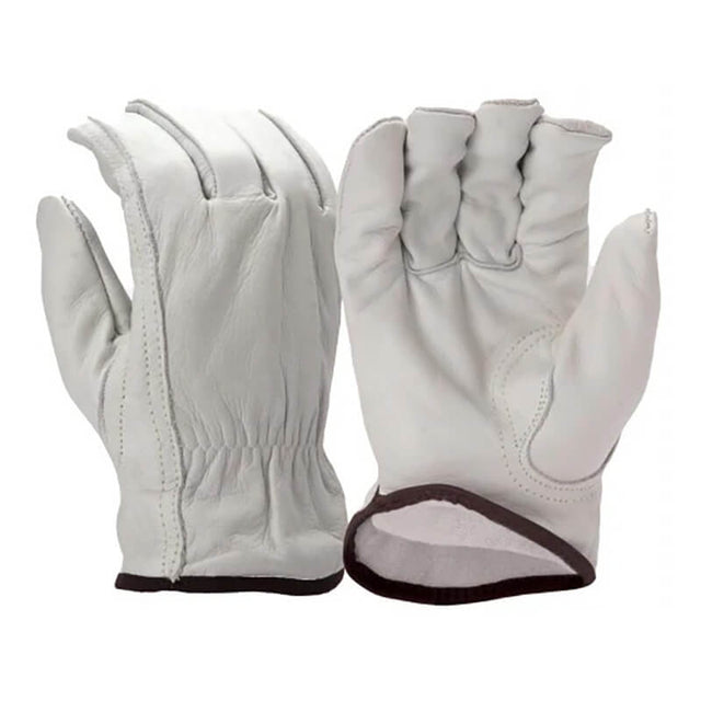 The Pyramex GL2006K Cowhide Leather Keystone Gloves, by Pyramex Safety, feature one palm up and the other down. Light gray with a dark wrist border, they offer a keystone thumb for comfort and gathered fabric at the wrist for a snug fit.