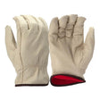The Pyramex GL4003K Pigskin Leather Fleece Drivers by Pyramex Safety are a pair of beige work gloves featuring grain pigskin leather with a red interior lining. One glove is shown facing forward, highlighting the fingers and keystone thumb, while the other displays the back. These gloves are ideal for those seeking durable and insulated leather driver gloves.