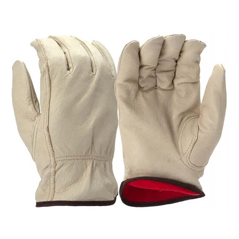 The Pyramex GL4003K Pigskin Leather Fleece Drivers by Pyramex Safety are a pair of beige work gloves featuring grain pigskin leather with a red interior lining. One glove is shown facing forward, highlighting the fingers and keystone thumb, while the other displays the back. These gloves are ideal for those seeking durable and insulated leather driver gloves.