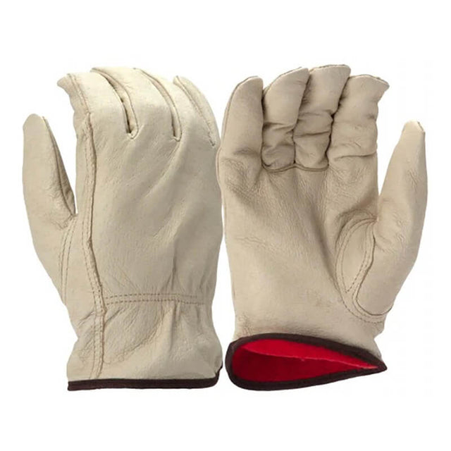 The Pyramex GL4003K Pigskin Leather Fleece Drivers by Pyramex Safety are a pair of beige work gloves featuring grain pigskin leather with a red interior lining. One glove is shown facing forward, highlighting the fingers and keystone thumb, while the other displays the back. These gloves are ideal for those seeking durable and insulated leather driver gloves.