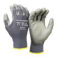 The Pyramex POLY-TORQ Gloves GL401, offered by Pyramex Safety, come in a pack of 12 pairs. These gray work gloves provide exceptional gripping power and feature a textured grip. They have black text on the back and yellow trim at the cuffs. Labeled "Pyramex Poly-Torq 401 M/8," they are designed for durability with tear and abrasion resistance.