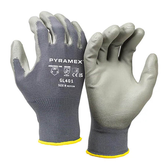 The Pyramex POLY-TORQ Gloves GL401, offered by Pyramex Safety, come in a pack of 12 pairs. These gray work gloves provide exceptional gripping power and feature a textured grip. They have black text on the back and yellow trim at the cuffs. Labeled "Pyramex Poly-Torq 401 M/8," they are designed for durability with tear and abrasion resistance.