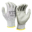The Pyramex Safety Poly-Torq Cut Resistant Gloves GL402C5, available in a pack of 12 pairs, feature textured palms for excellent gripping power. With yellow cuffs and detailed text and logo showcasing their specifications and certifications, these gray gloves have a durable polyurethane-coated finish that enhances their performance as cut-resistant gloves.